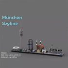 Lifestyle shot of Bricklink City Architecture skyline building blocks displayed on a shelf.
