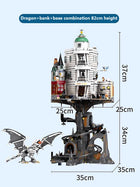 Detailed view of the Wizard Bank Gringotts building block set with multiple pieces.