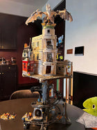 Side view of the Wizard Bank Gringotts building block set displaying its architectural features.