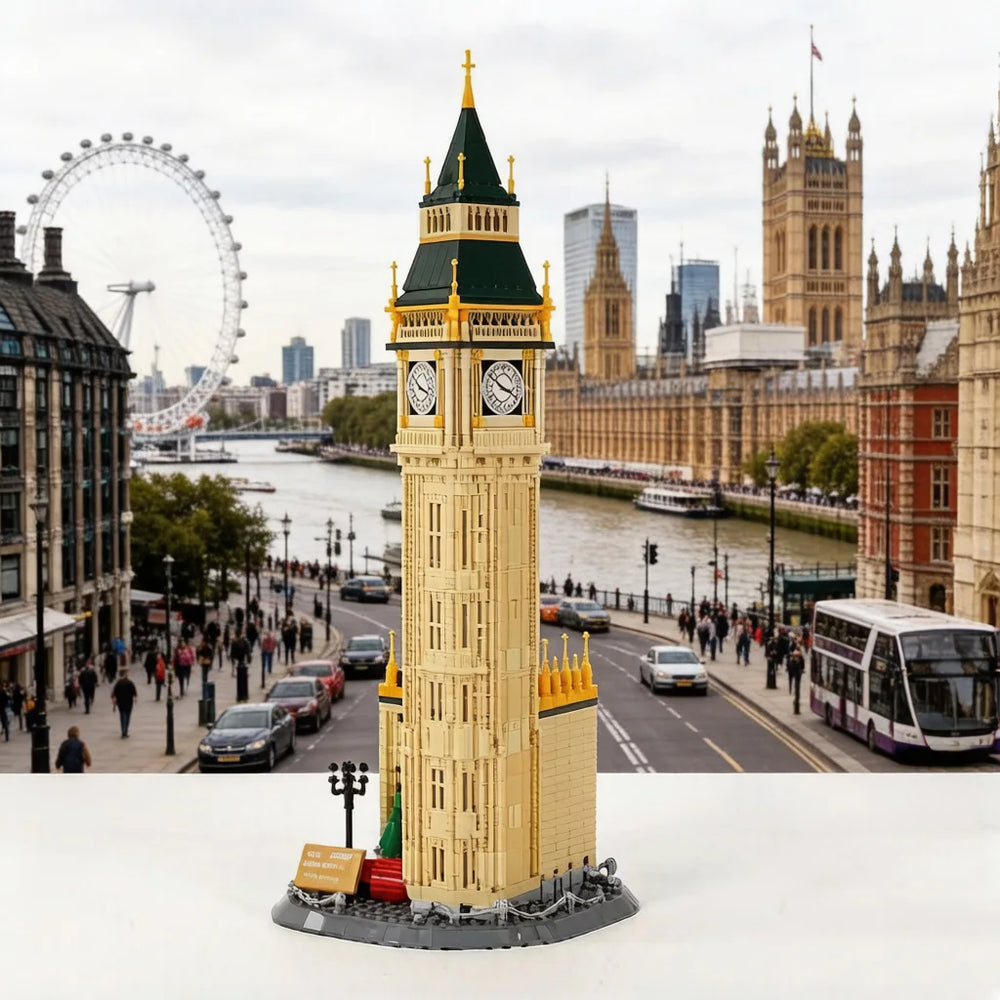Front view of the Big Ben model building block set with colorful bricks