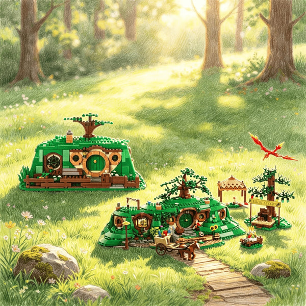 Front view of the Shire Castle Hobbit House building block model with detailed architecture.