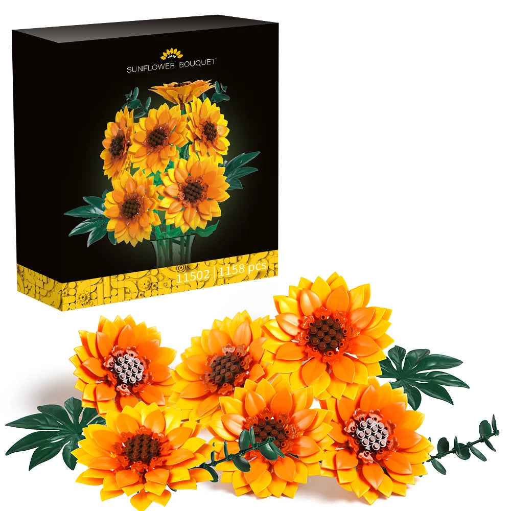 Building Block Flower Set with colorful plastic pieces on a white background