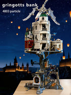 Lifestyle shot of the Wizard Bank Gringotts building block set in a collection display.
