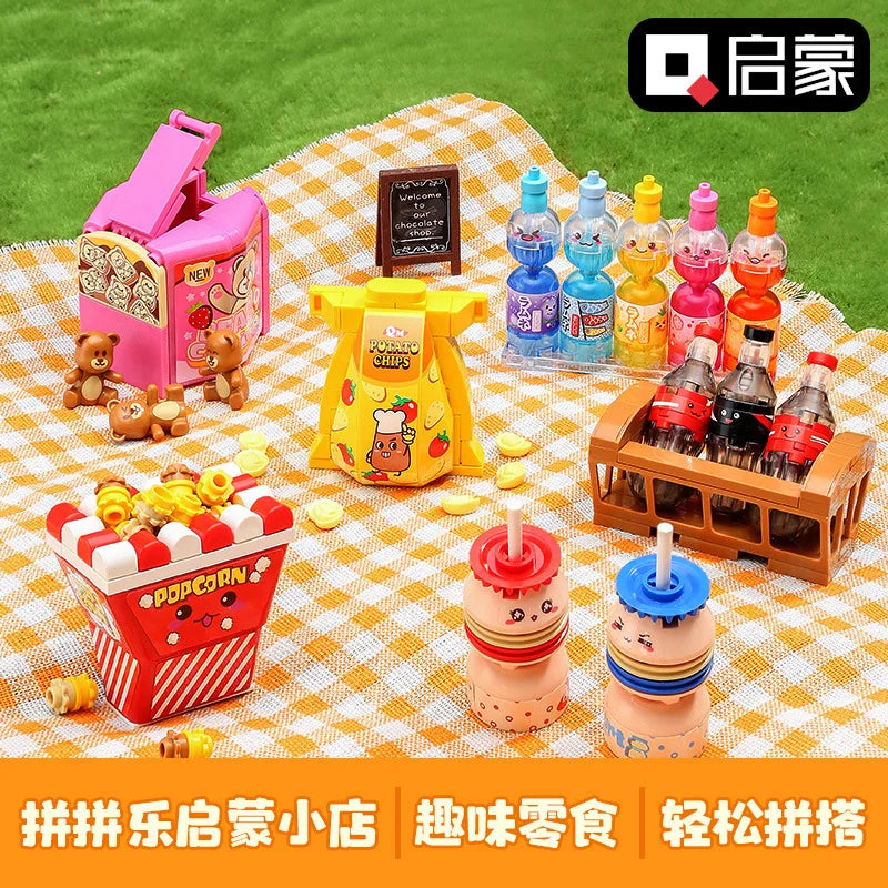 Fast Food Micro Building Blocks set arranged for display with bright colors