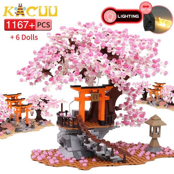 Kacuu Sakura Inari Shrine Building Blocks with cherry blossoms in view
