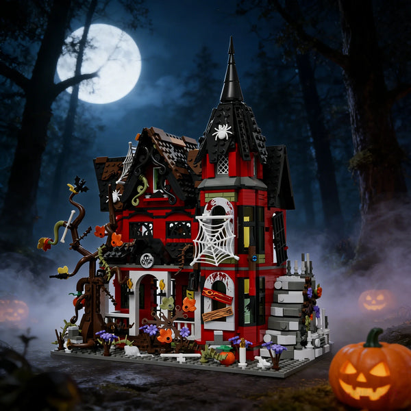 Halloween Haunted House Gothic Villa Building Blocks Set with intricate design elements.