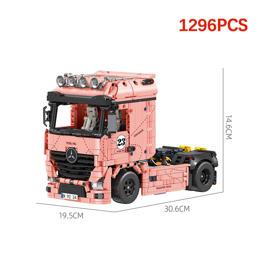 Back view of the Knew Built pink truck building block toy emphasizing its design.