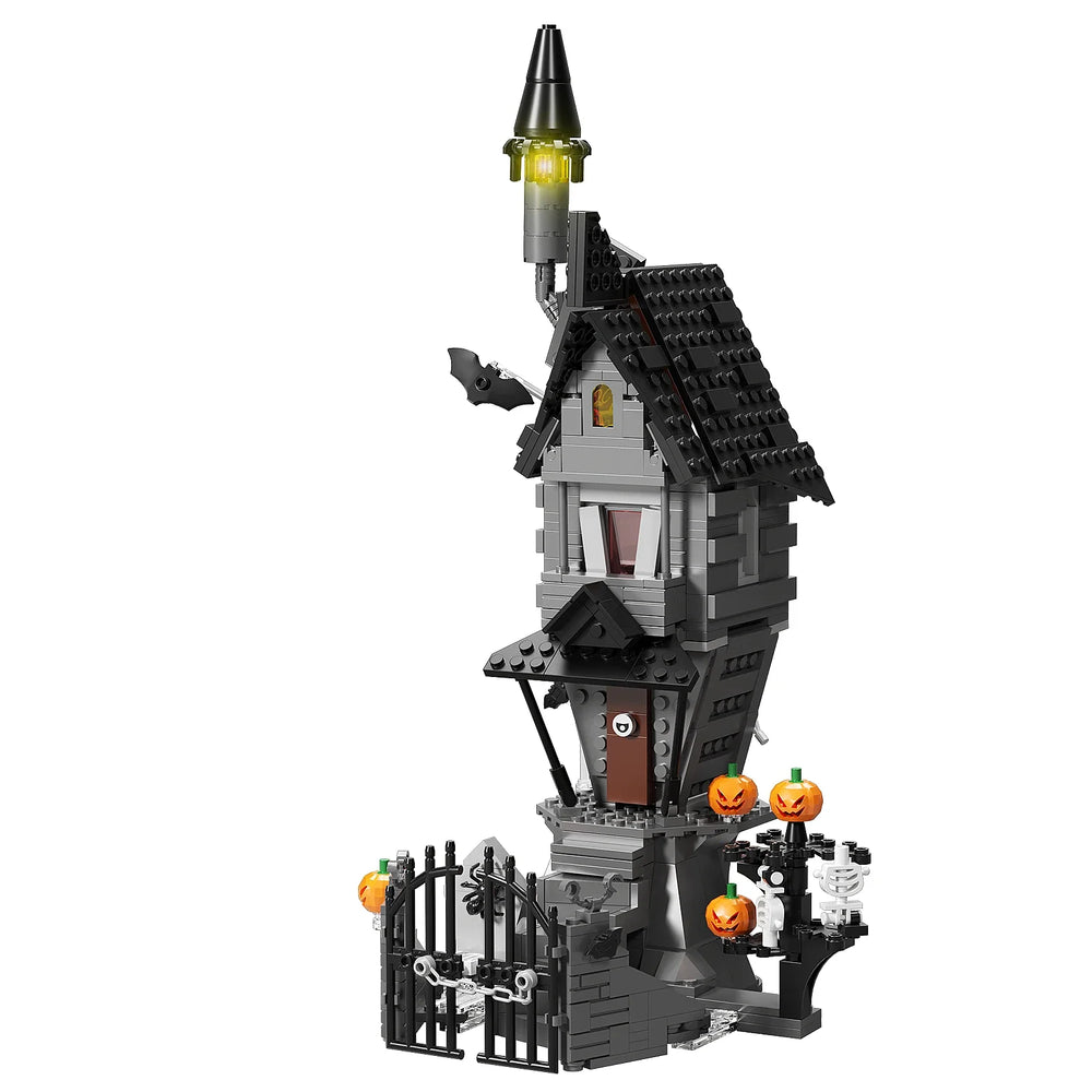 Lifestyle shot of the Ghost Skeleton Hut building blocks set displayed on a shelf.