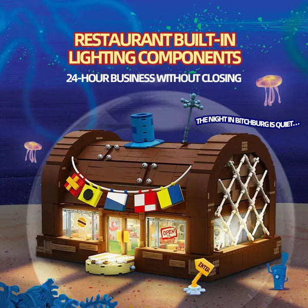Front view of the AREA-X SpongeBob Krusty Krab building blocks set with LED lights.